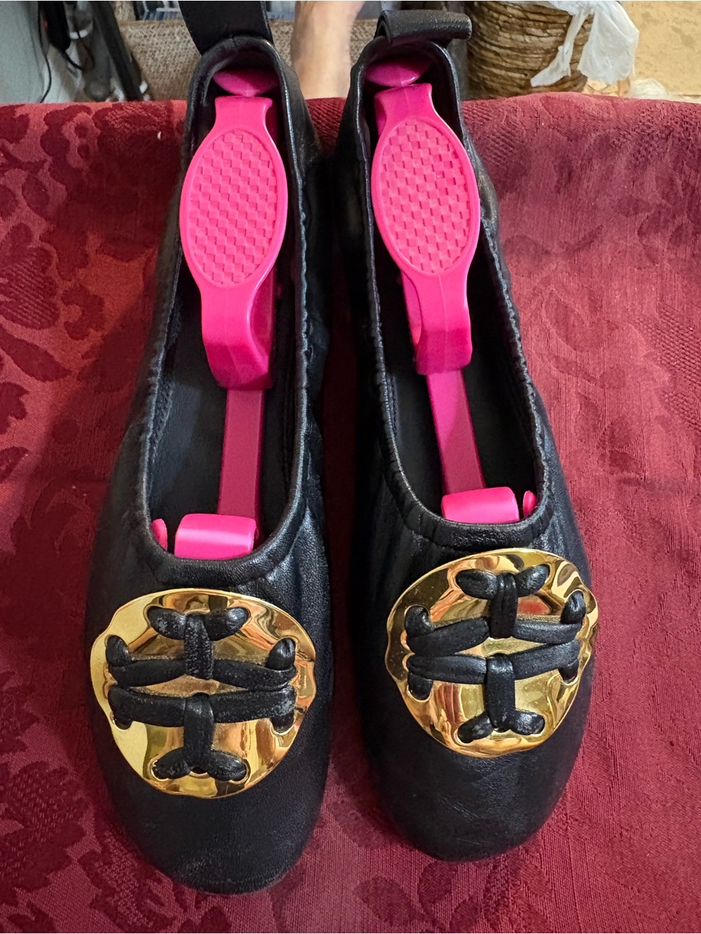 Tory Burch Melinda Black Leather Ballet Flats with Gold Logo Medallion